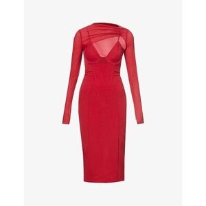 House of CB Beatrice Wine Corset Mesh Midi Asymmetrical Sexy Dress